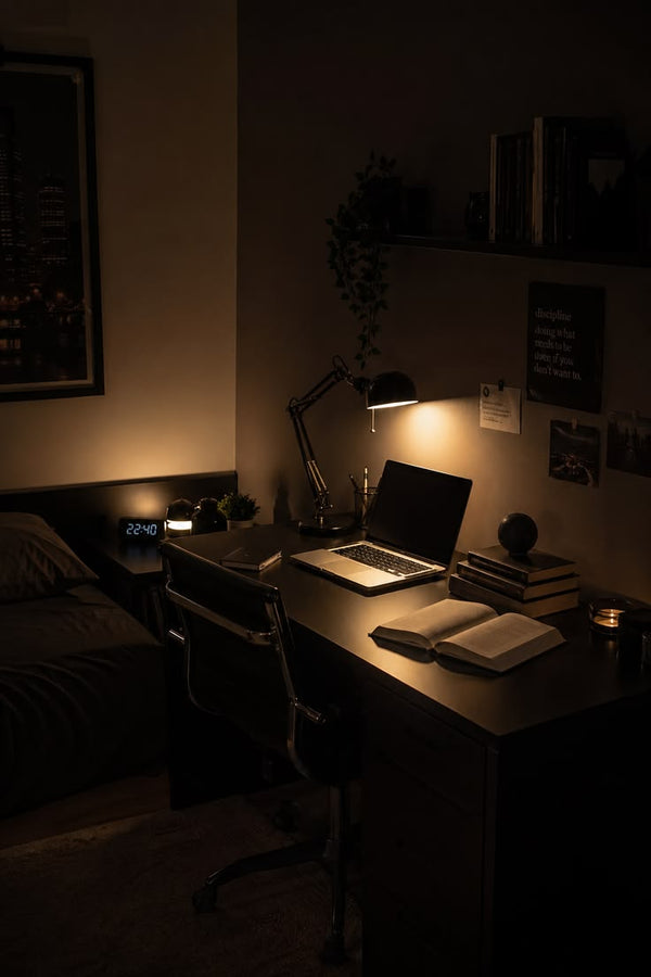 Desk with book and warm lamp at night