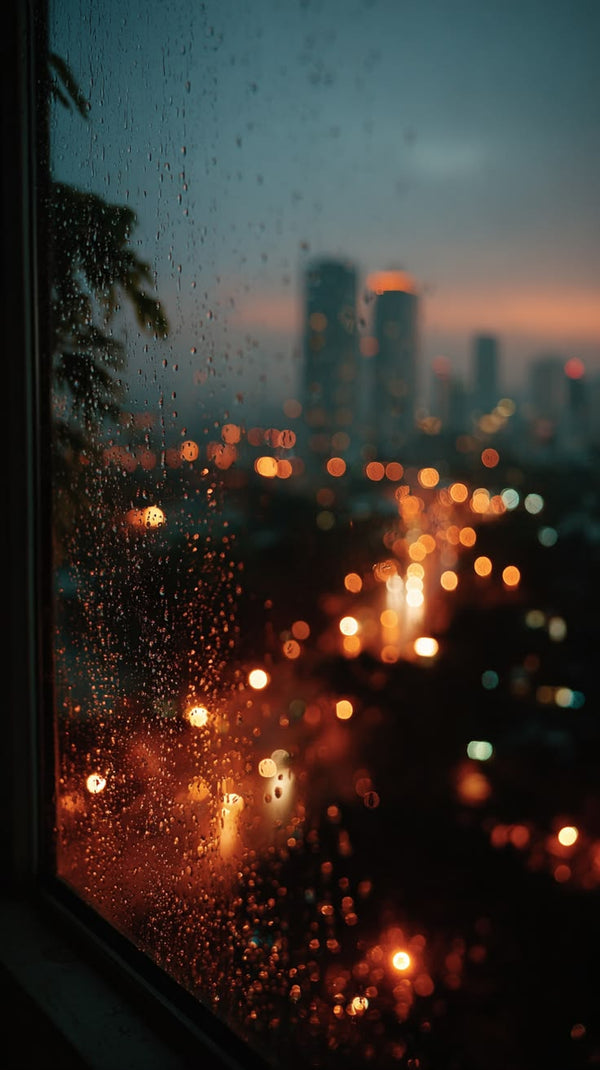 Rainy window with city lights at night