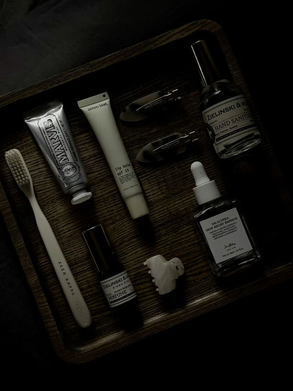 Minimal self-care ritual tray at night